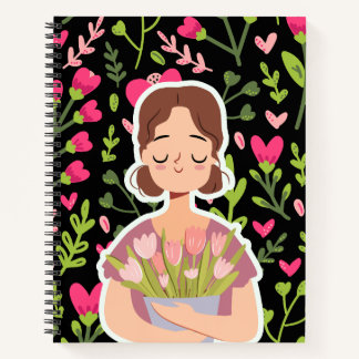 Peaceful Girl with Flowers – Cute Floral Notebook ノートブック