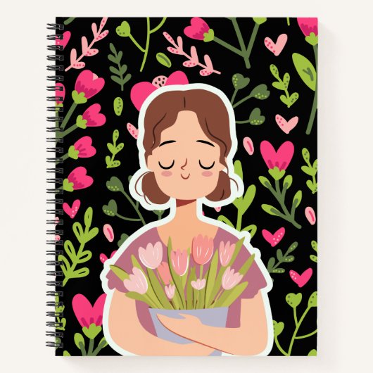 Peaceful Girl with Flowers – Cute Floral Notebook  ノートブック (正面)
