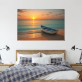 Peaceful Golden Sunset with Boat on Beach Canvas キャンバスプリント (インサイチュ (寝室))
