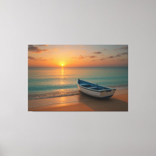 Peaceful Golden Sunset with Boat on Beach Canvas キャンバスプリント (正面)