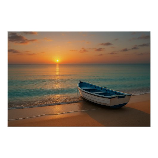 Peaceful Golden Sunset with Boat on Beach Poster ポスター (正面)