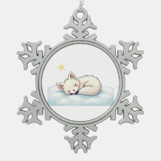 Peaceful Kawaii Arctic Fox Starry Night Winter スノーフレークピューターオーナメント