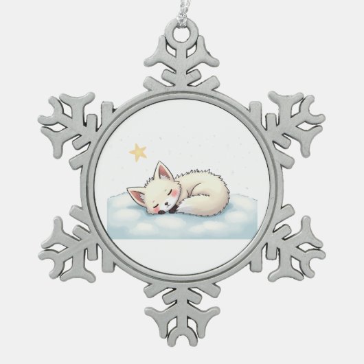 Peaceful Kawaii Arctic Fox Starry Night Winter スノーフレークピューターオーナメント (正面)