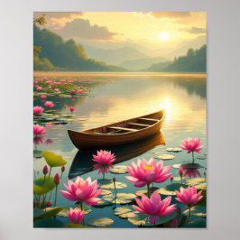 Peaceful Lake Sunset With Boat And Flowers ポスター