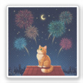 Peaceful Midnight Sky Cat Dreamy Rooftop Fireworks シール (正面)