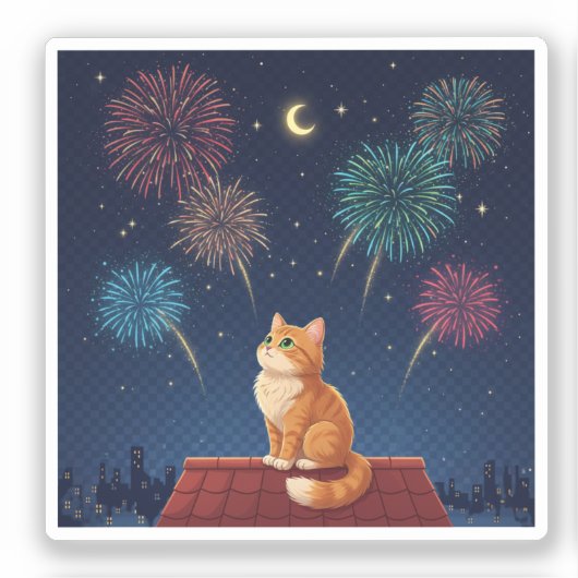 Peaceful Midnight Sky Cat Dreamy Rooftop Fireworks シール (正面)