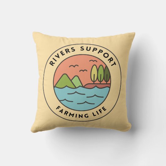 Peaceful Orange Blue Retro River Farming Design クッション (裏面)