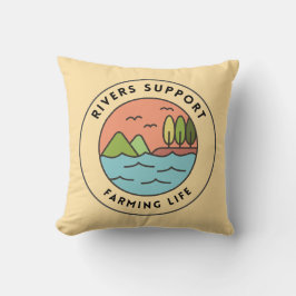 Peaceful Orange Blue Retro River Farming Design クッション