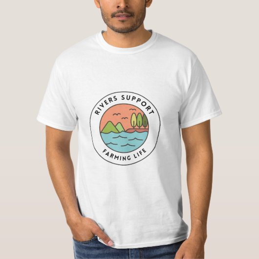 Peaceful Orange Blue Retro River Farming Design Tシャツ (正面)