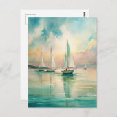 Peaceful Pastel Sailboats Nautical Marine Art ポストカード (正面/裏面)