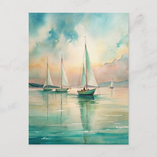 Peaceful Pastel Sailboats Nautical Marine Art ポストカード (正面)