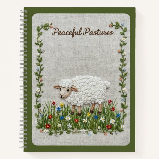 Peaceful Pastures Embroidered Sheep Nature Journal ノートブック (正面)
