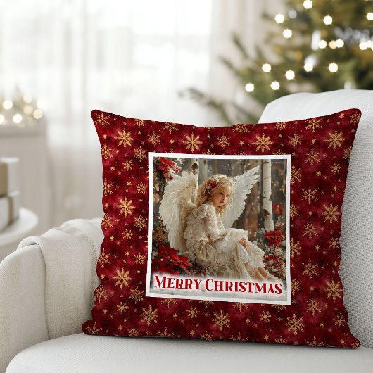 Peaceful Poinsettia Angel Christmas Gift Pillow クッション