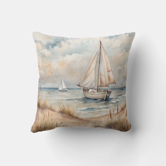 Peaceful Sailing Watercolor Coastal クッション (裏面)