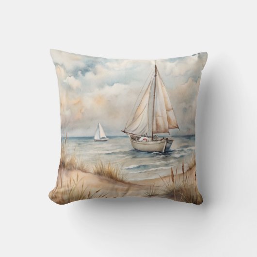 Peaceful Sailing Watercolor Coastal クッション (正面)