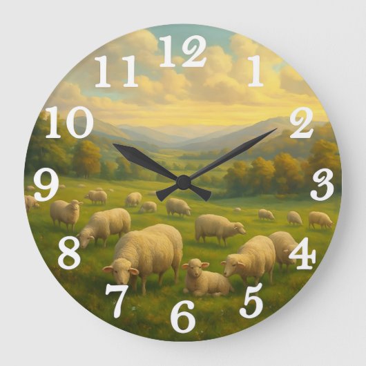 Peaceful sheep in pastoral meadow ラージ壁時計 (正面)