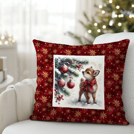 Peaceful snowy forest baby fawn Christmas pillow  クッション