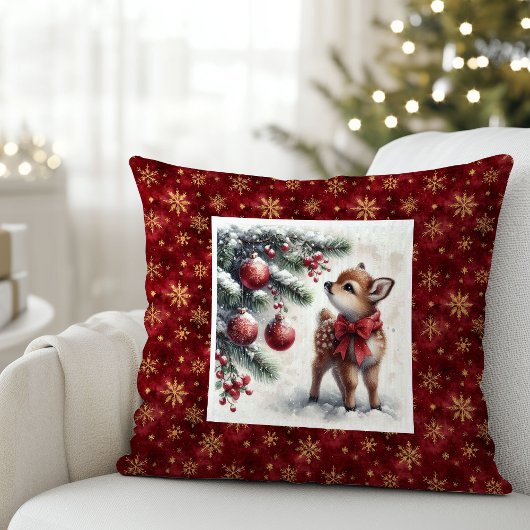 Peaceful snowy forest baby fawn Christmas pillow クッション