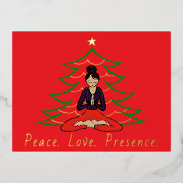 Peaceful Yoga Girl in front of Christmas Tree  箔シーズンポストカード