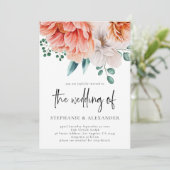 Peachモダン花模様スクリプトQRコード結婚s 招待状 (スタンド正面)