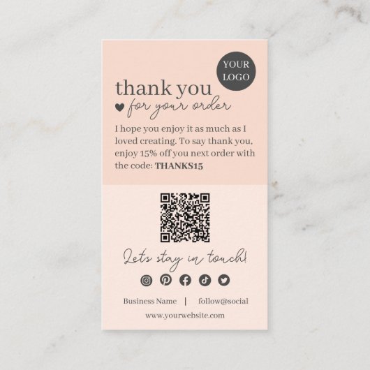 Peach モダン Script QRコード、ありがとう 名刺 (裏面)