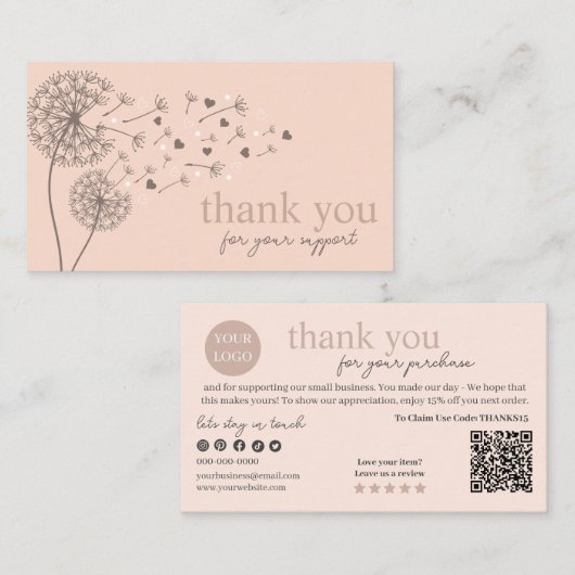 Peach モダン Script QRコード、ありがとう 名刺 (正面/裏面)