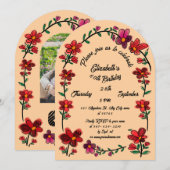 Peach 60th Birthday Party Whimsical Doodle Flowers 招待状 (正面/裏面)