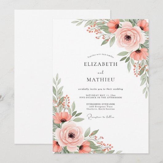 Peach Airy Botanical Spring Wedding 招待状 (正面/裏面)