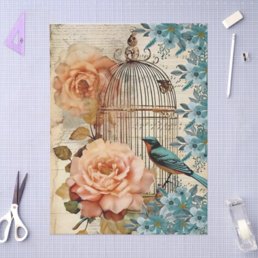 Peach and Teal Floral Bird Cage Decoupage  薄葉紙 (クラフト)