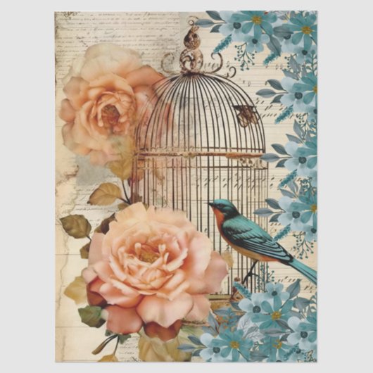 Peach and Teal Floral Bird Cage Decoupage  薄葉紙 (正面)