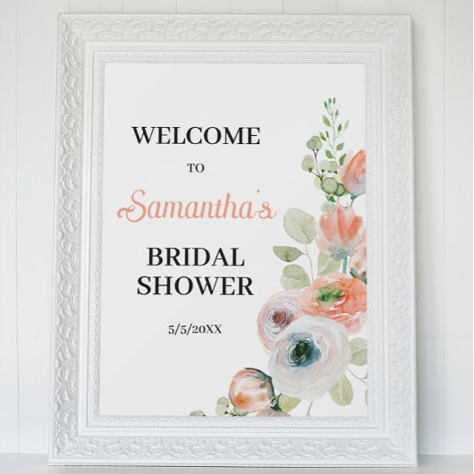 Peach and White Floral Bridal Shower Welcome  ポスター