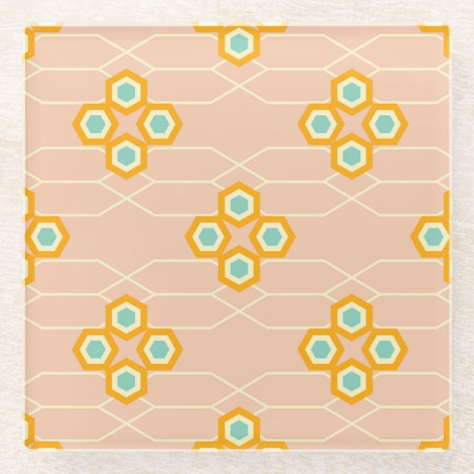 Peach background hexagonal floral pattern  ガラスコースター (正面)