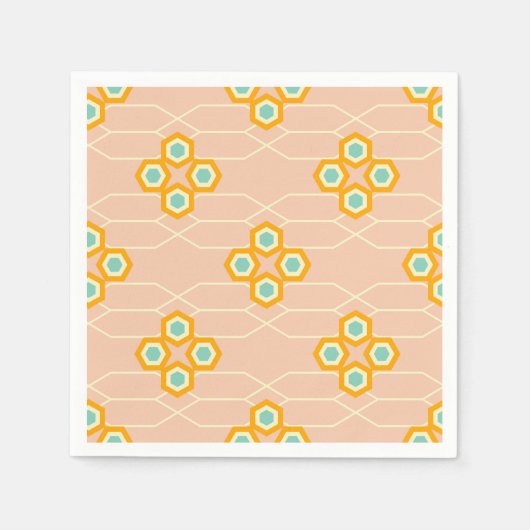 Peach background hexagonal floral pattern  スタンダードカクテルナプキン (正面)