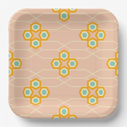 Peach background hexagonal floral pattern  ペーパープレート (正面)