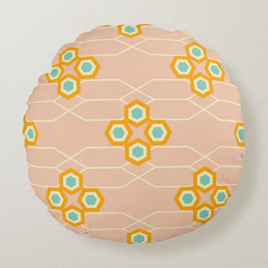 Peach background hexagonal floral pattern  ラウンドクッション (正面)