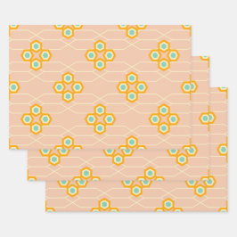 Peach background hexagonal floral pattern  ラッピングペーパーシート