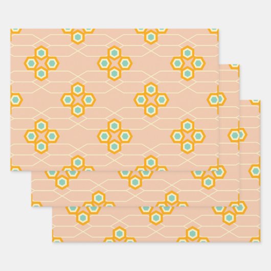 Peach background hexagonal floral pattern  ラッピングペーパーシート (セット)