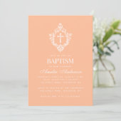 Peach Baptism Cross in Crest Elegant Vintage 招待状 (スタンド正面)