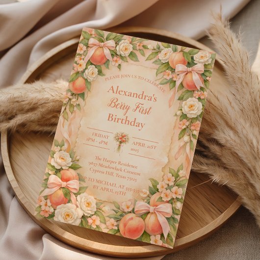 Peach Berry Garden First Birthday 1st Birthday 招待状