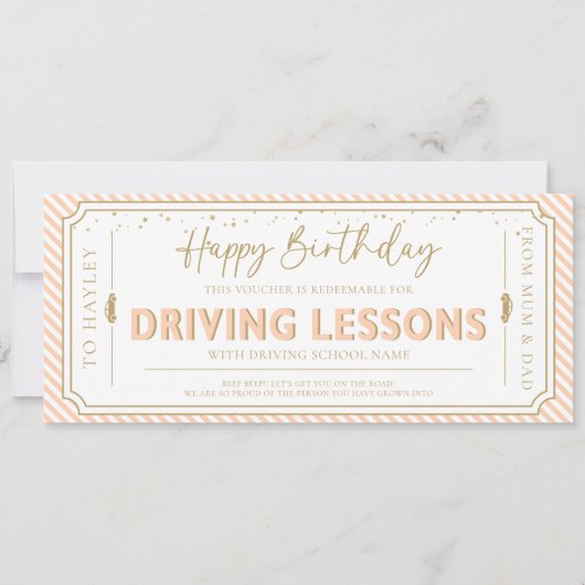 Peach Birthday Driving Lessons Gift Voucher Card 招待状 (正面)