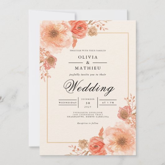 Peach Blossom Border Wedding 招待状 (正面)
