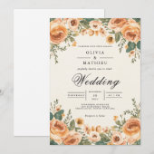 Peach Blossom Floral Frame Wedding 招待状 (正面/裏面)