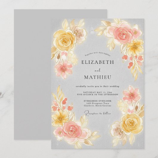 Peach Blossom Painterly Romance Wedding 招待状 (正面/裏面)