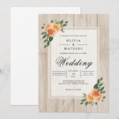 Peach Blossom Rustic Wood Wedding 招待状 (正面/裏面)