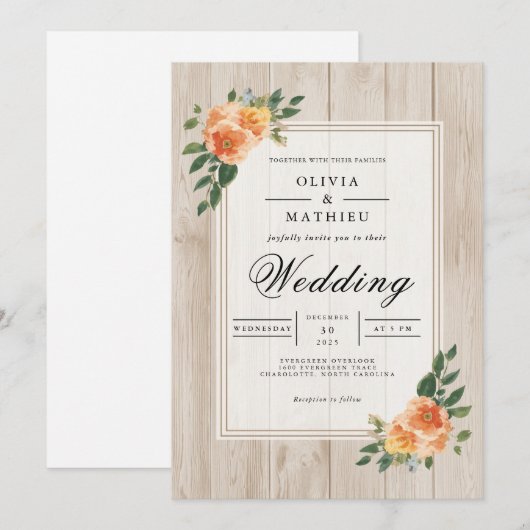 Peach Blossom Rustic Wood Wedding 招待状 (正面/裏面)