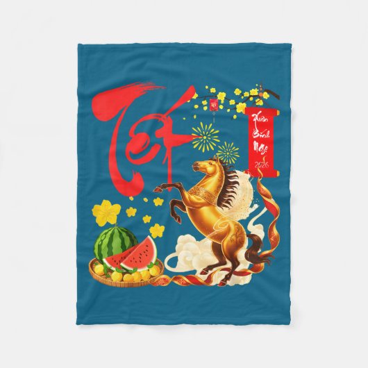 Peach Blossom Vietnamese Lunar New Year Horse 2026 フリースブランケット (正面)