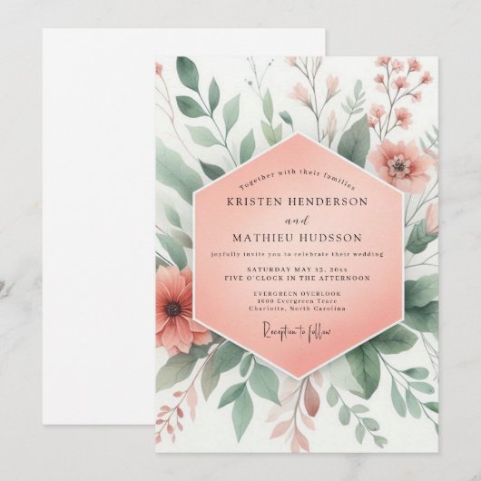 Peach Blossom Whimsy Wedding 招待状 (正面/裏面)