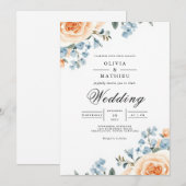 Peach Blue Botanical Flourish Wedding 招待状 (正面/裏面)