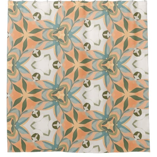 Peach Blue Botanical Seamless Pattern シャワーカーテン (正面)