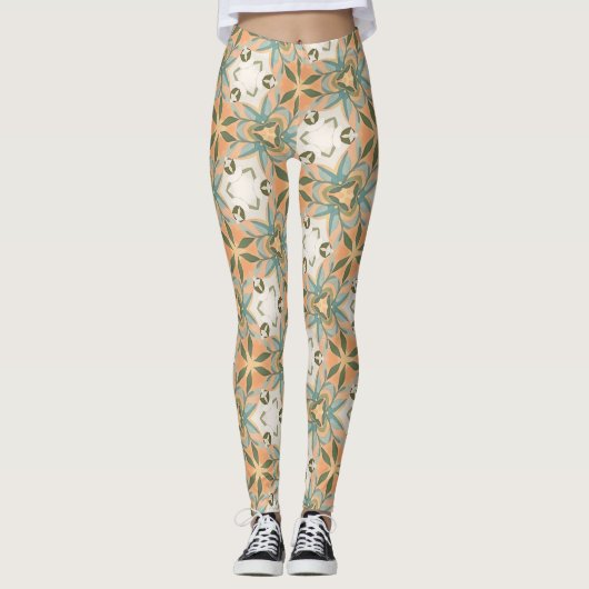 Peach Blue Botanical Seamless Pattern レギンス (正面)